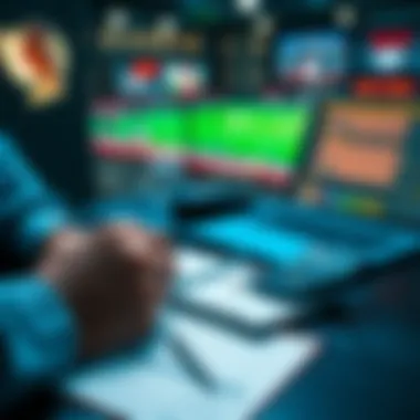 A sports betting scene showing a person analyzing three leg parlay bets on a notepad with a calculator and a laptop in the background.