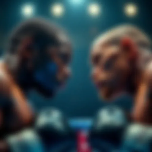 Two boxers in a ring, preparing for the second round of a match, with intense focus on their faces.