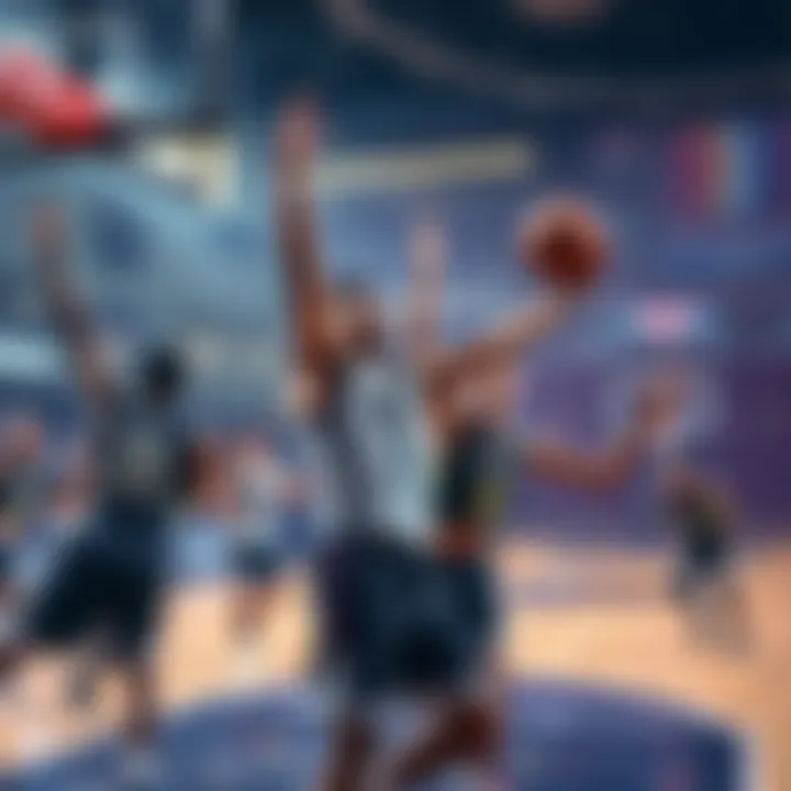 Players competing in a close round robin basketball match, with one team celebrating a recent score.