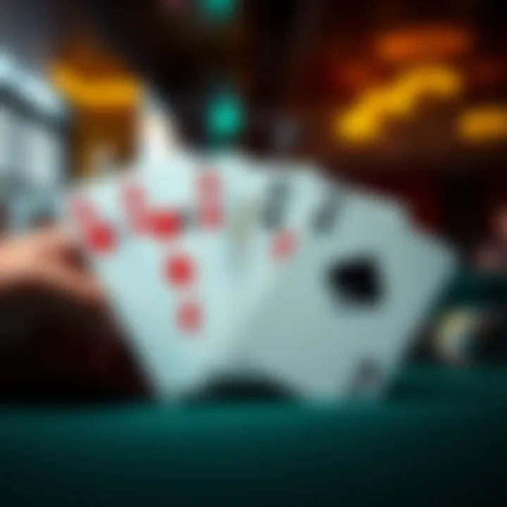 Poker hand with royal flush A winning poker hand showing a royal flush with hearts, diamonds, clubs, and spades cards laid out on a table.