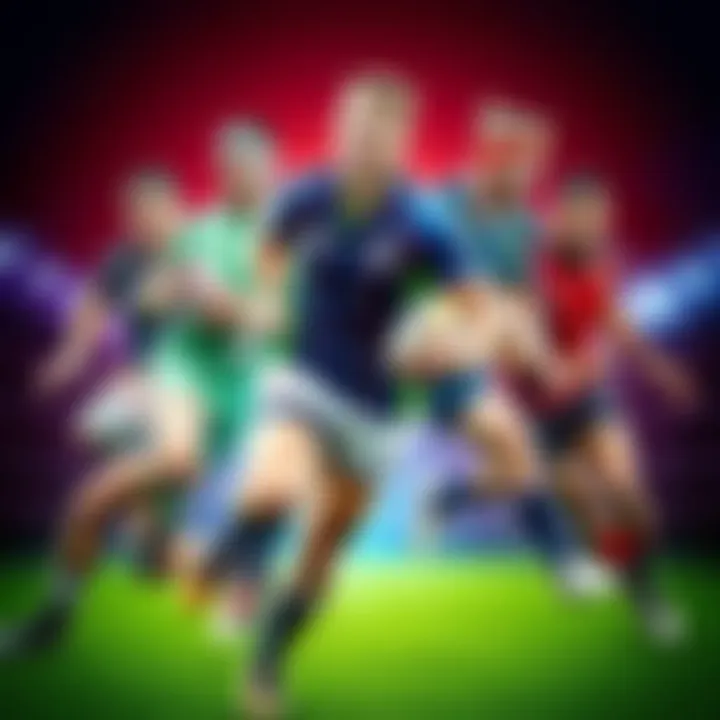 A collage of rugby players in action, showcasing dynamic gameplay and betting graphics for February 14 matches.
