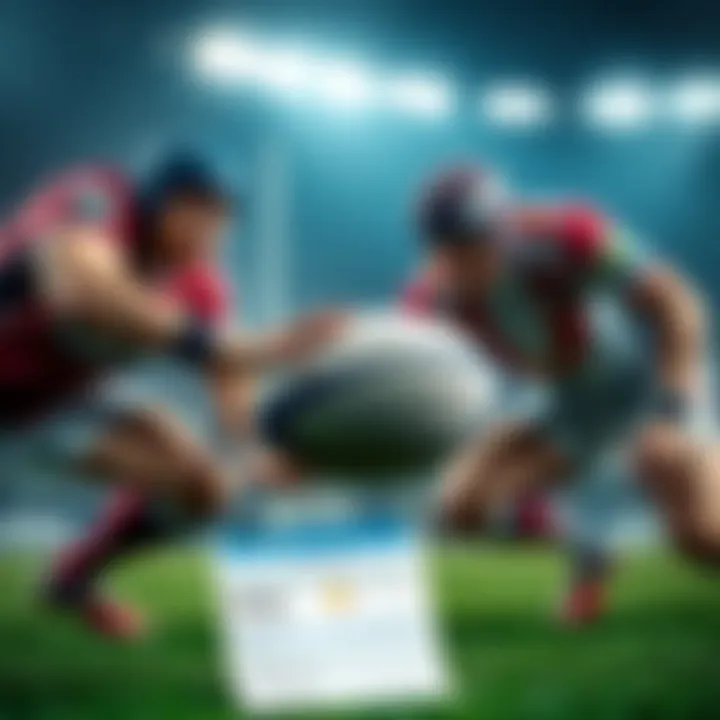 Two rugby players contesting a ball with a betting slip in the foreground