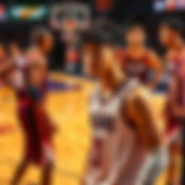 Rui Hachimura looks frustrated on the court after DeAndre Ayton's injury during the game, surrounded by teammates.