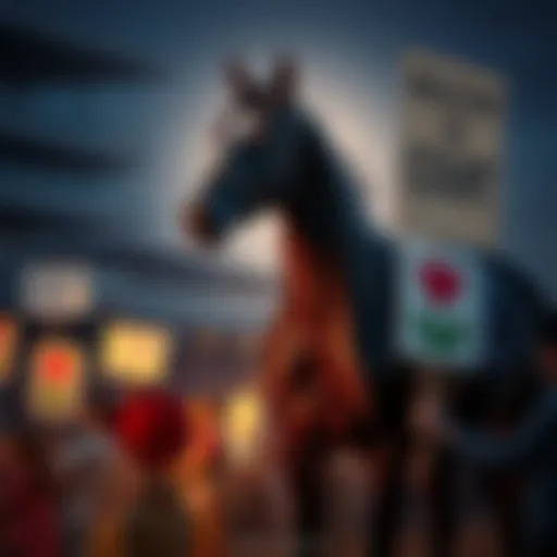 A racing horse named Ruling Court, surrounded by fans holding signs of remembrance, reflecting the sadness of the racing community after its passing.