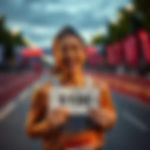 A runner holding a $30 scratch-off ticket that won $100, smiling happily after completing their first 5K race, with a finish line in the background