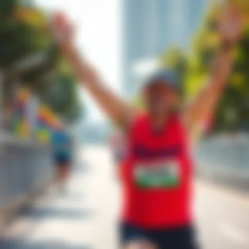 A runner smiling with their arms raised in joy during a sunny outdoor run, expressing gratitude for a lucky experience.