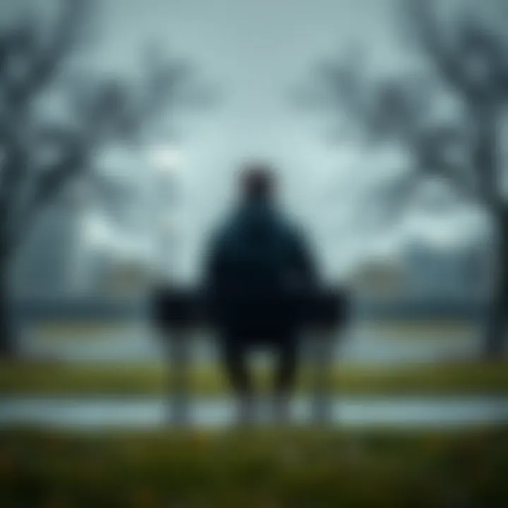 A person sitting alone on a park bench looking thoughtful on a gloomy Friday afternoon