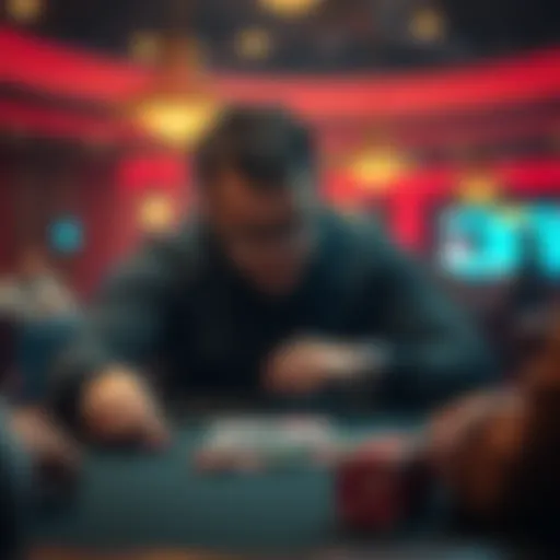 A professional poker player looking disappointed at a casino table with cards and chips in front of him.