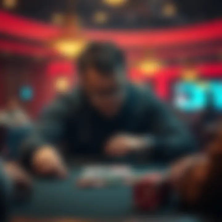 A professional poker player looking disappointed at a casino table with cards and chips in front of him.