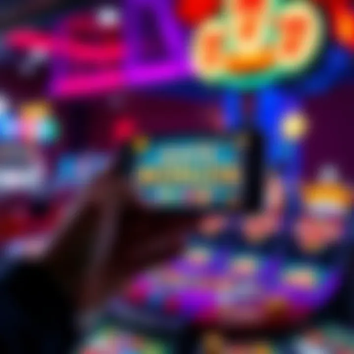 A person holds a smartphone displaying gambling bonuses, with colorful casino icons around them.