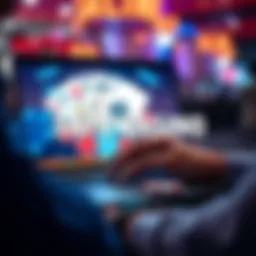 A person using a laptop with casino symbols like cards and chips on the screen, highlighting online gaming safety.