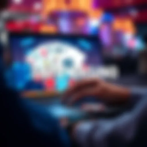 A person using a laptop with casino symbols like cards and chips on the screen, highlighting online gaming safety.