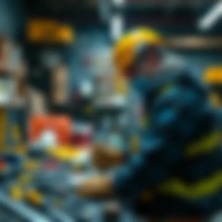 A person wearing safety gear, working on a project with tools and materials organized around them, showing a secure work environment.