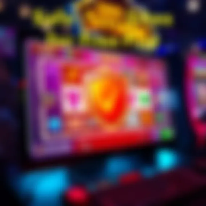 A computer screen showing a slot machine game with a protective shield icon, symbolizing safe online gaming.