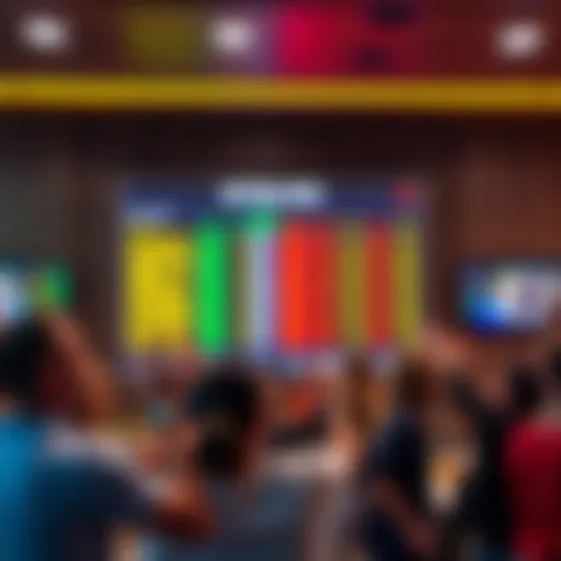 Colorful betting odds displayed on a screen with happy people celebrating their wins in a community setting