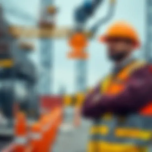 A construction worker wearing a hard hat and safety vest demonstrates proper safety practices on the job site with clear signs and equipment around.