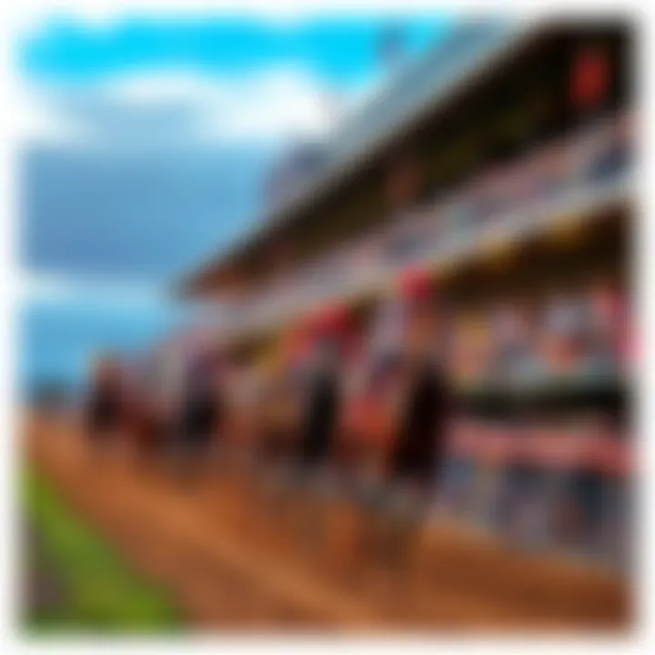 A crowded Saratoga racetrack with horses racing and people cheering enthusiastically.