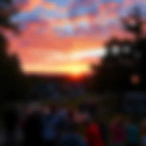 A vibrant sunrise over Saratoga with people gathering in a park, engaging in community activities.