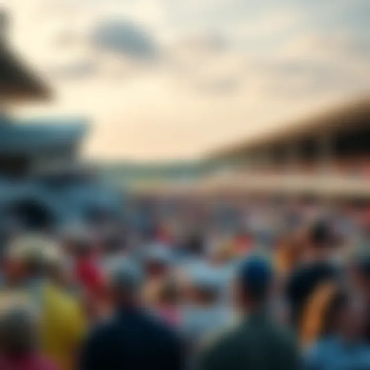 A lively crowd at Saratoga Race Course during Belmont weekend, with people gathered in general admission areas, watching horse races and soaking up the festive atmosphere.