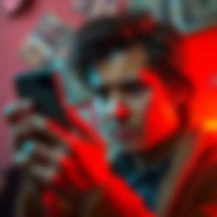 A person looking at their phone in distress after falling victim to a scam, with money visibly displayed in the background.