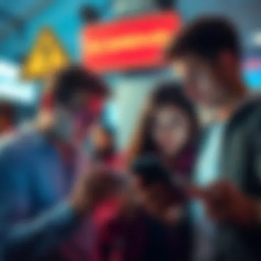 Frustrated users looking at their devices as ScamDuel app fails, with warning signs in the background.