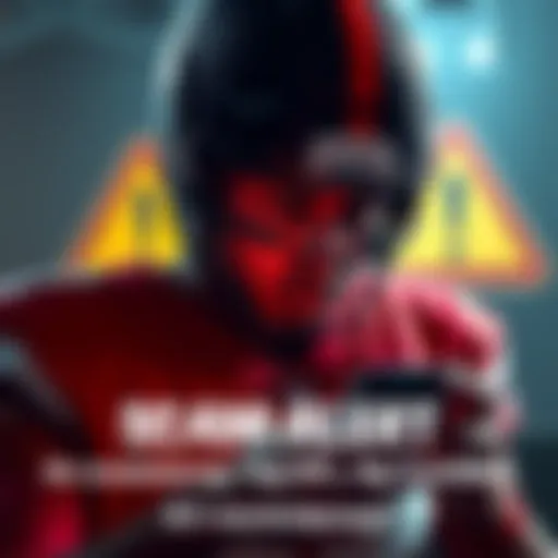 A concerned NFL player checking for scams on his phone, with a warning symbol in the background