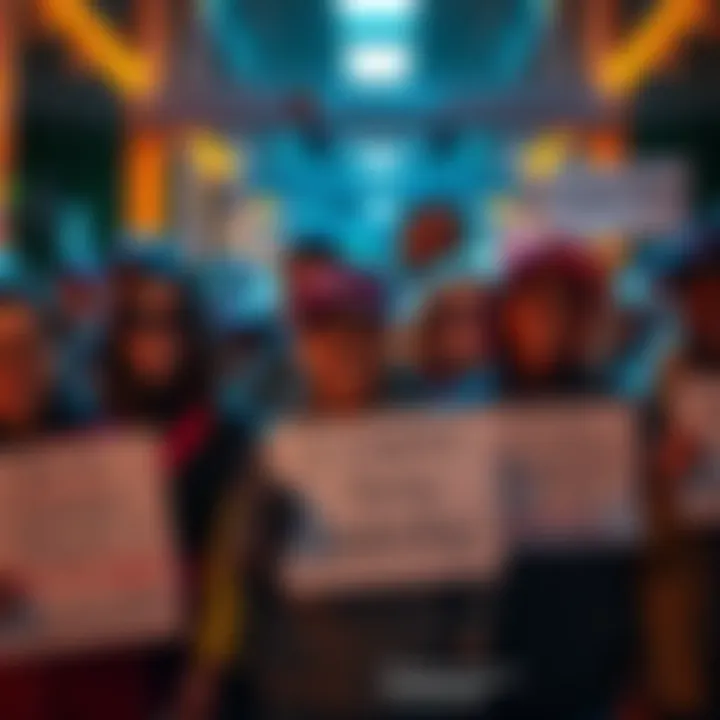 A group of people smiling, holding signs with inspiring messages while hiding their true intentions behind them, presenting a deceptive image.