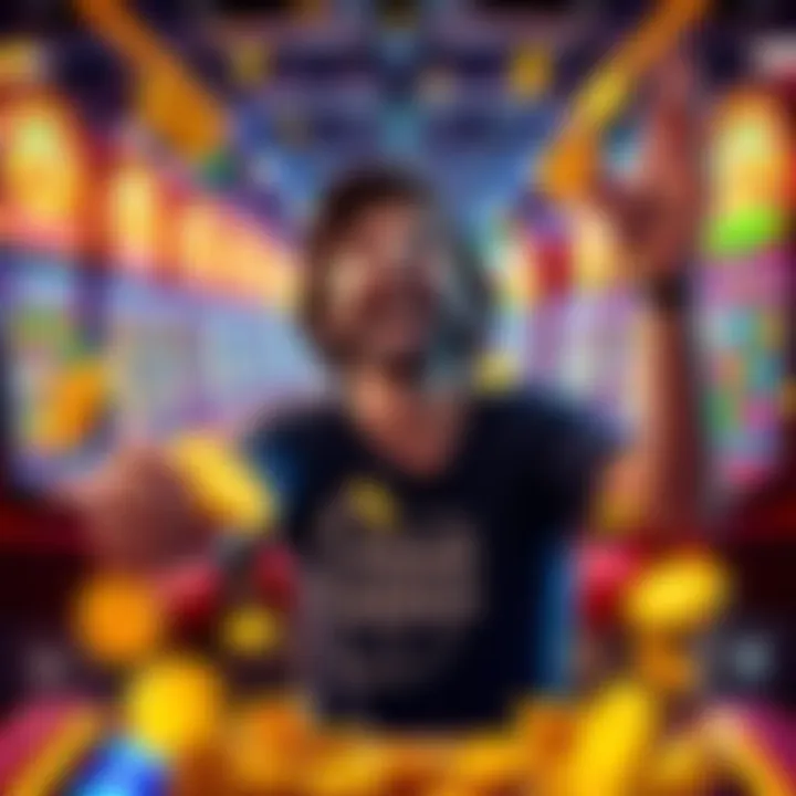 A player celebrating after hitting five scatter bonuses on a slot machine, surrounded by colorful game graphics.