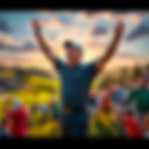 Scottie raises his arms in joy after scoring a birdie on the 18th hole, surrounded by cheering fans and a scenic golf course.