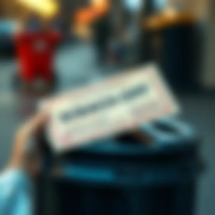 A scratch-off lottery ticket resting on a trash can, indicating a possible hidden prize.