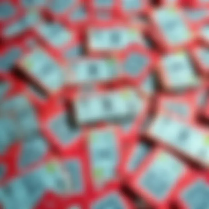 A table covered with various scratch-off lottery tickets, showing one ticket with a small winning amount, while others are blank or losing tickets.