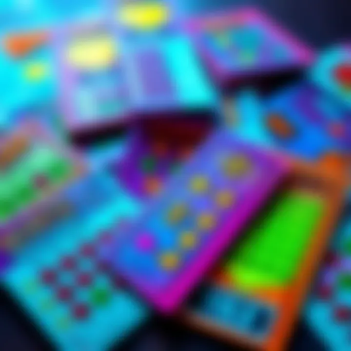 Scratchers with Winning Prizes A collection of scratch-off lottery tickets showing potential winnings and vibrant colors, laid out on a flat surface.