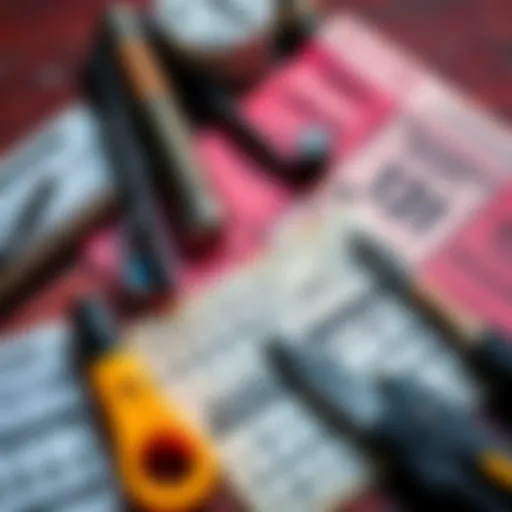 Various scratching tools laid out next to lottery scratch-off tickets