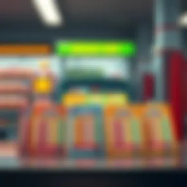 Various scratch-off lottery tickets arranged on a gas station counter, showing different starting points in a colorful presentation.