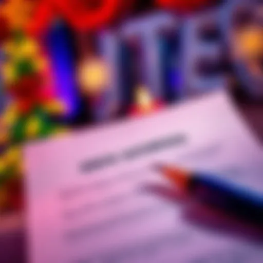 A close-up of a script with event details and a festive background