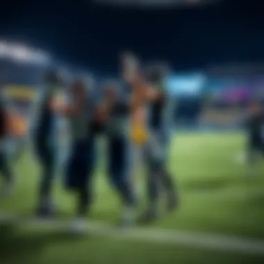 Seahawks players celebrating after a big win, showing excitement and teamwork on the field.