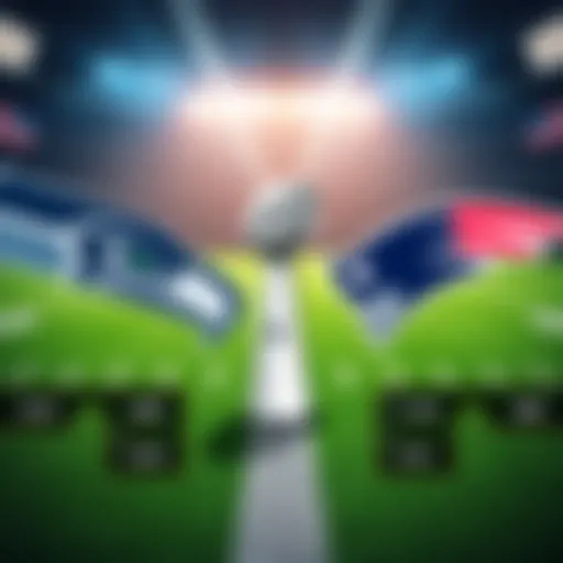 A football field showing the Seahawks and Patriots logos, with betting odds highlighted