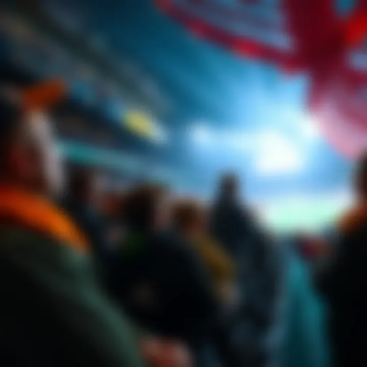 A lively scene showing fans at a Seattle football game, some cheering for their team, while others discuss tips and strategies for cash rewards.