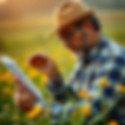 A farmer checks soil moisture and looks at a weather report while holding seeds, indicating the best time to change seeds.