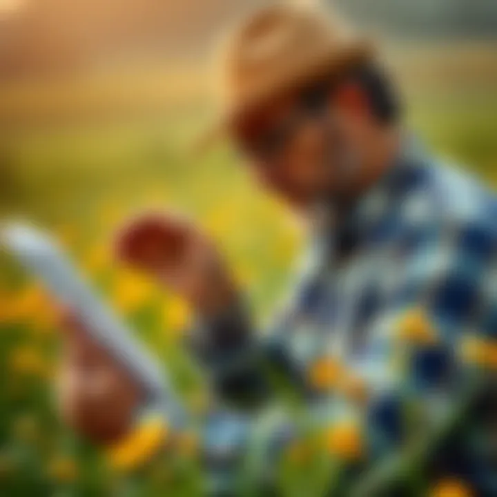 A farmer checks soil moisture and looks at a weather report while holding seeds, indicating the best time to change seeds.