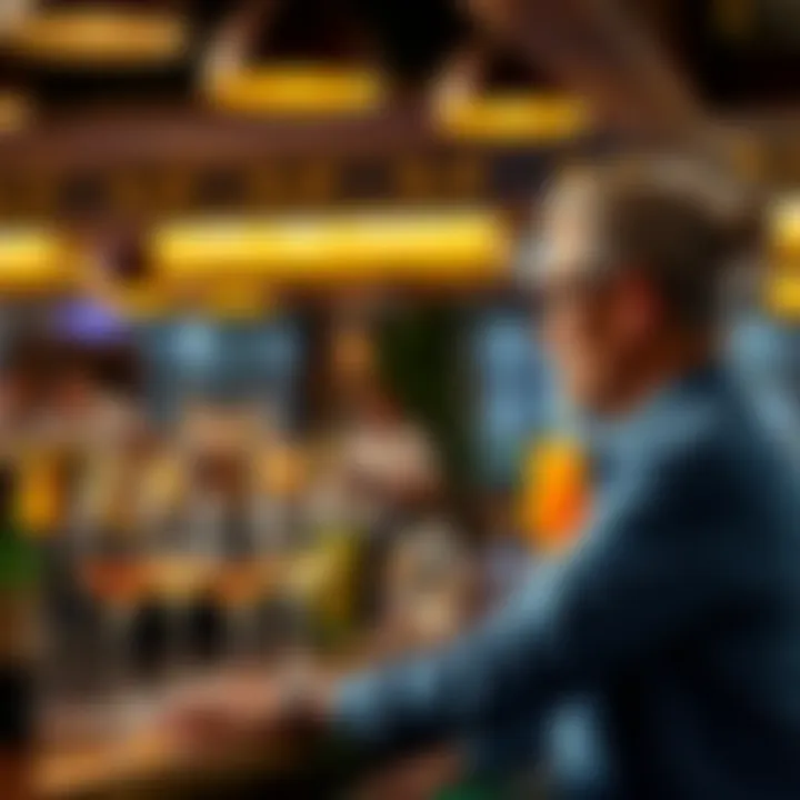 A person looking at a menu of drinks at a bar, contemplating their choices with a thoughtful expression.