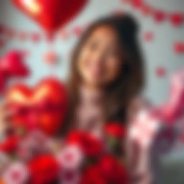 Person enjoying self-love on Valentine's Day A person smiling while holding a heart-shaped balloon, surrounded by flowers and gifts, celebrating self-love on Valentine's Day.
