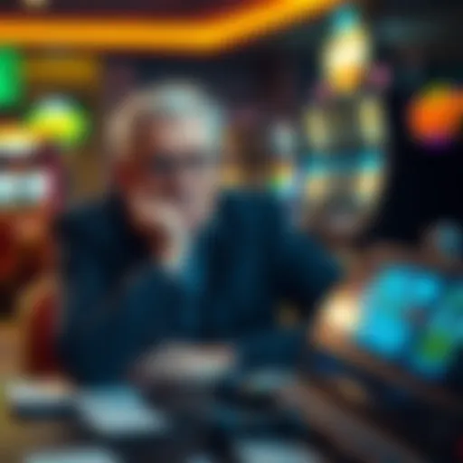 A 65-year-old person sitting at a table with lottery tickets and slot machine icons, looking thoughtful