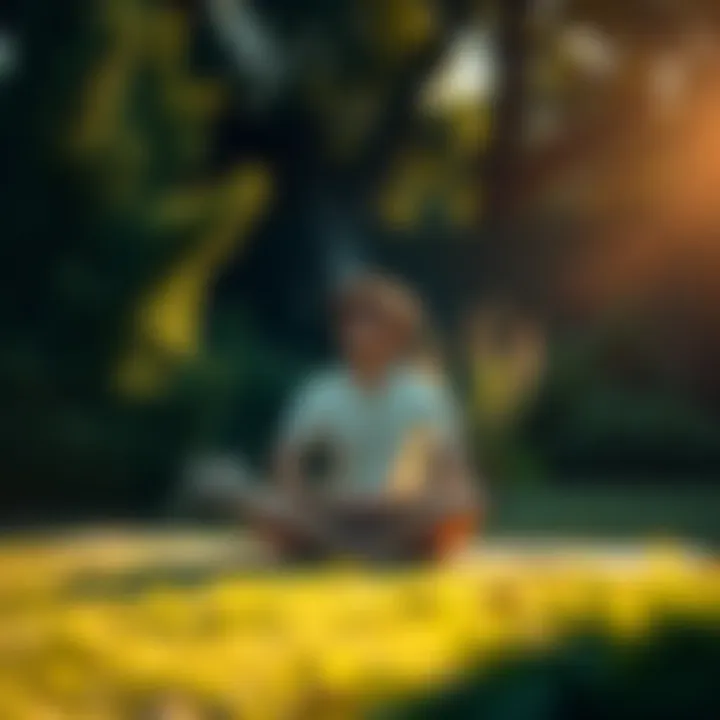 A calm person sitting cross-legged on a mat, practicing meditation in a peaceful garden, surrounded by greenery and soft sunlight.