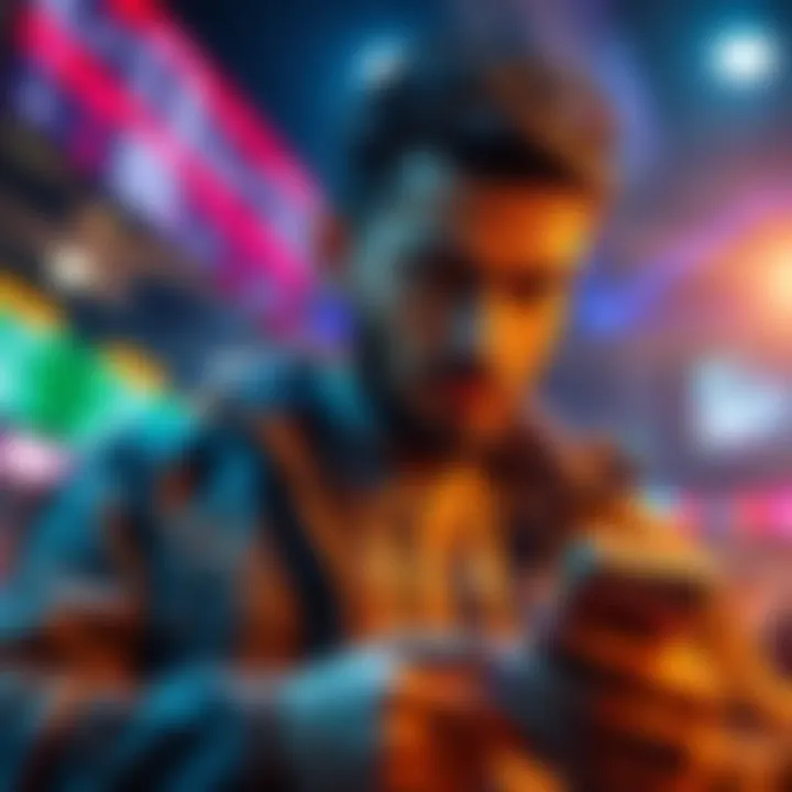 A serious bettor with a focused expression looking at sports betting options on a smartphone in Southern California.