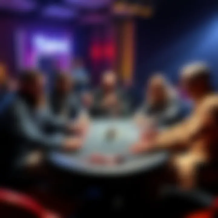 A group of serious poker players gathered around a table with cards and chips, discussing strategies in an exclusive setting.