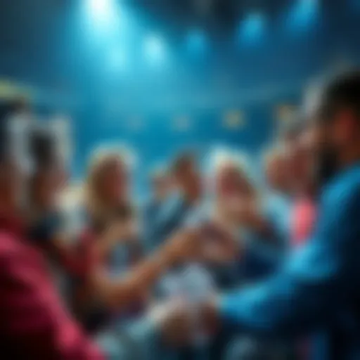 A group of excited sports fans sharing their betting slips with one another, showing off their winning picks, fostering community spirit.