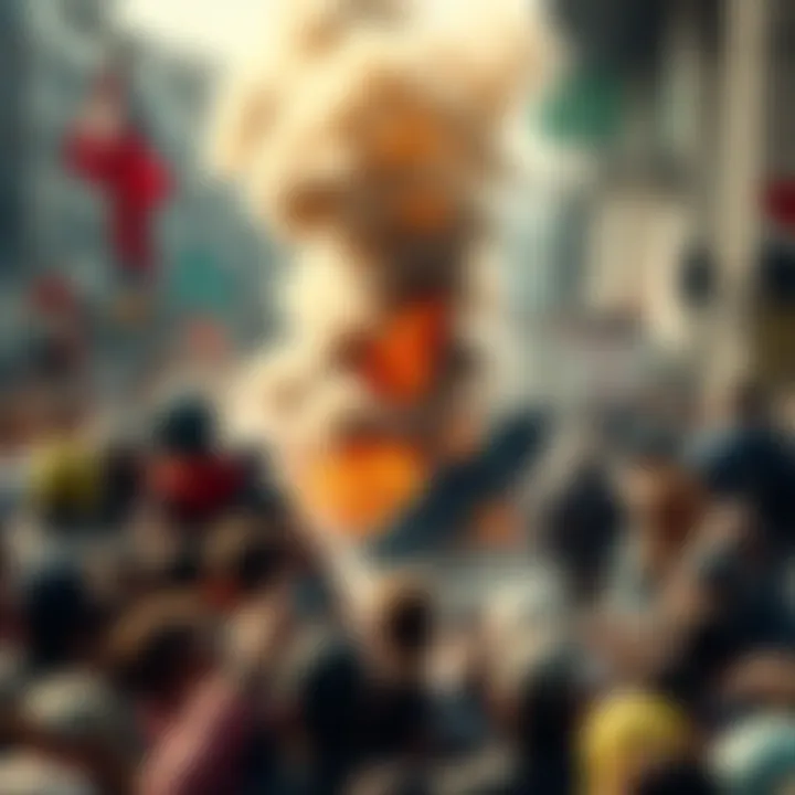A crowd gathers around the site of a shocking event, depicting chaos and surprise.