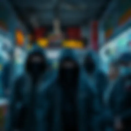 A group of masked robbers in a store with people looking shocked and scared