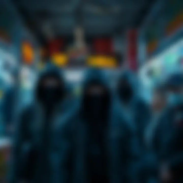 A group of masked robbers in a store with people looking shocked and scared